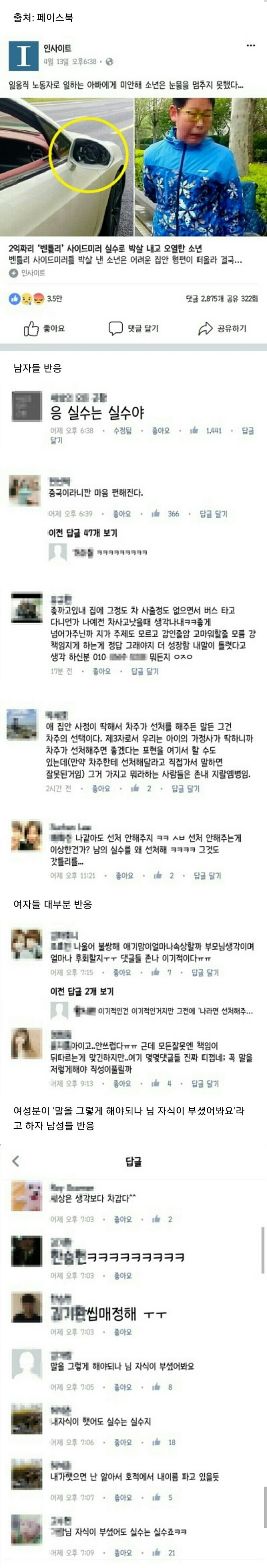 벤틀리 사이드미러 실수로 박살내고 일용직 아버지에 대한 미안함에 오열한 소년에 대한 남녀 반응 차이.jpg | 인스티즈